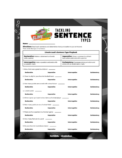 Nickelodeon NFL Slimetime Tackling Sentence Types Activity